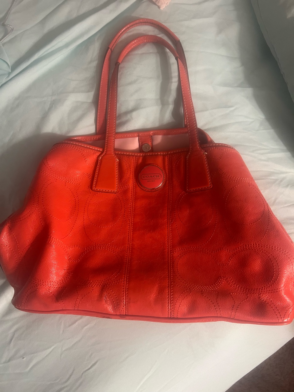 Coach Patent Leather Stitched Framed Carryall -Coral/Orange/Tangerine